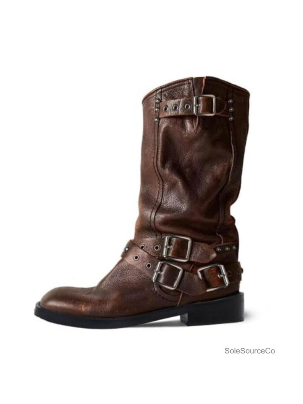 Mid Calf Moto Boots Square Toe Chunky Heel Buckle Vegan PU Leather